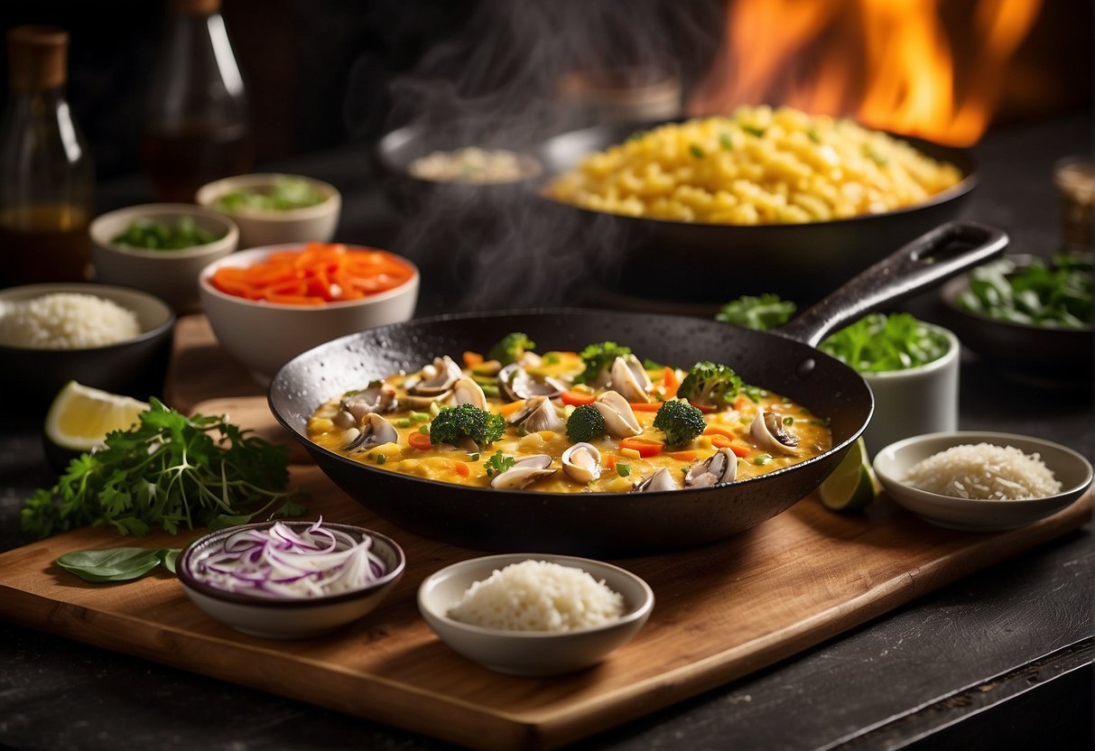 A sizzling oyster omelette in a hot wok, surrounded by various ingredients and nutritional information labels