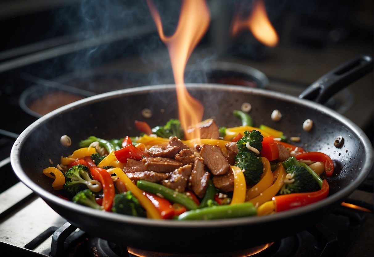 A wok sizzles over a high flame, stir-frying vibrant vegetables and tender strips of meat. Steam rises as a chef adds a savory sauce, creating a fragrant new Chinese dish
