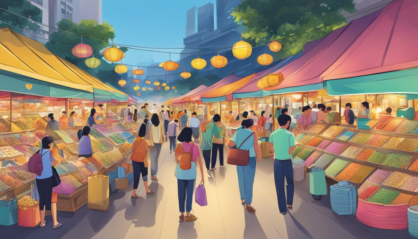 A bustling marketplace with various vendors selling lockets in Singapore. Brightly colored displays and eager shoppers create a lively atmosphere