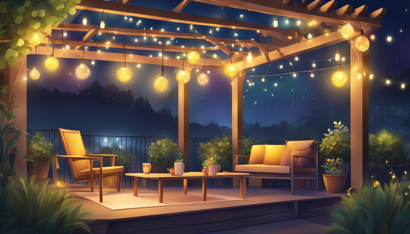 Colorful fairy lights hang from an outdoor pergola, casting a warm glow. A laptop displays an online shopping page with various fairy light options