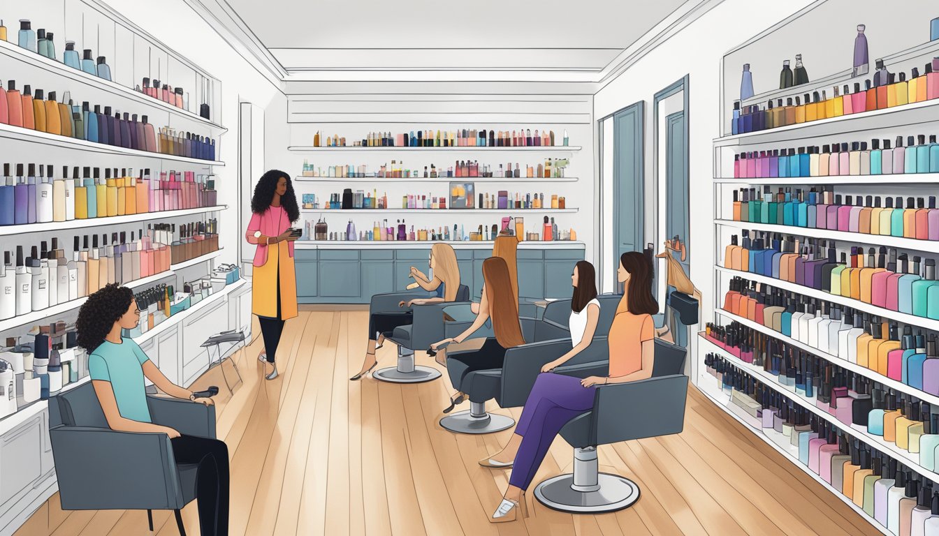 A sleek, modern hair salon with shelves lined with Olaplex products. A stylist holds a bottle of Olaplex No. 2, surrounded by excited clients with vibrant, healthy hair