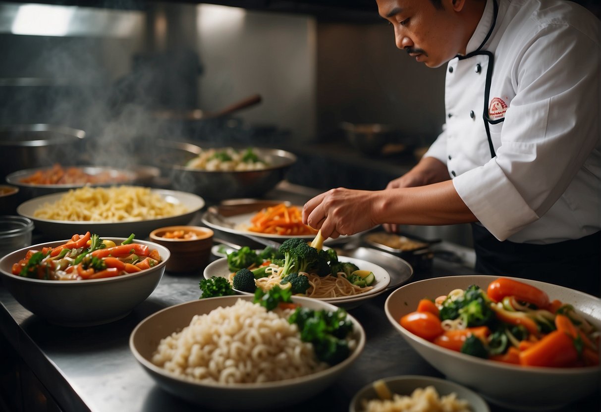 A chef prepares a variety of Chinese dishes with fresh ingredients and traditional cooking techniques