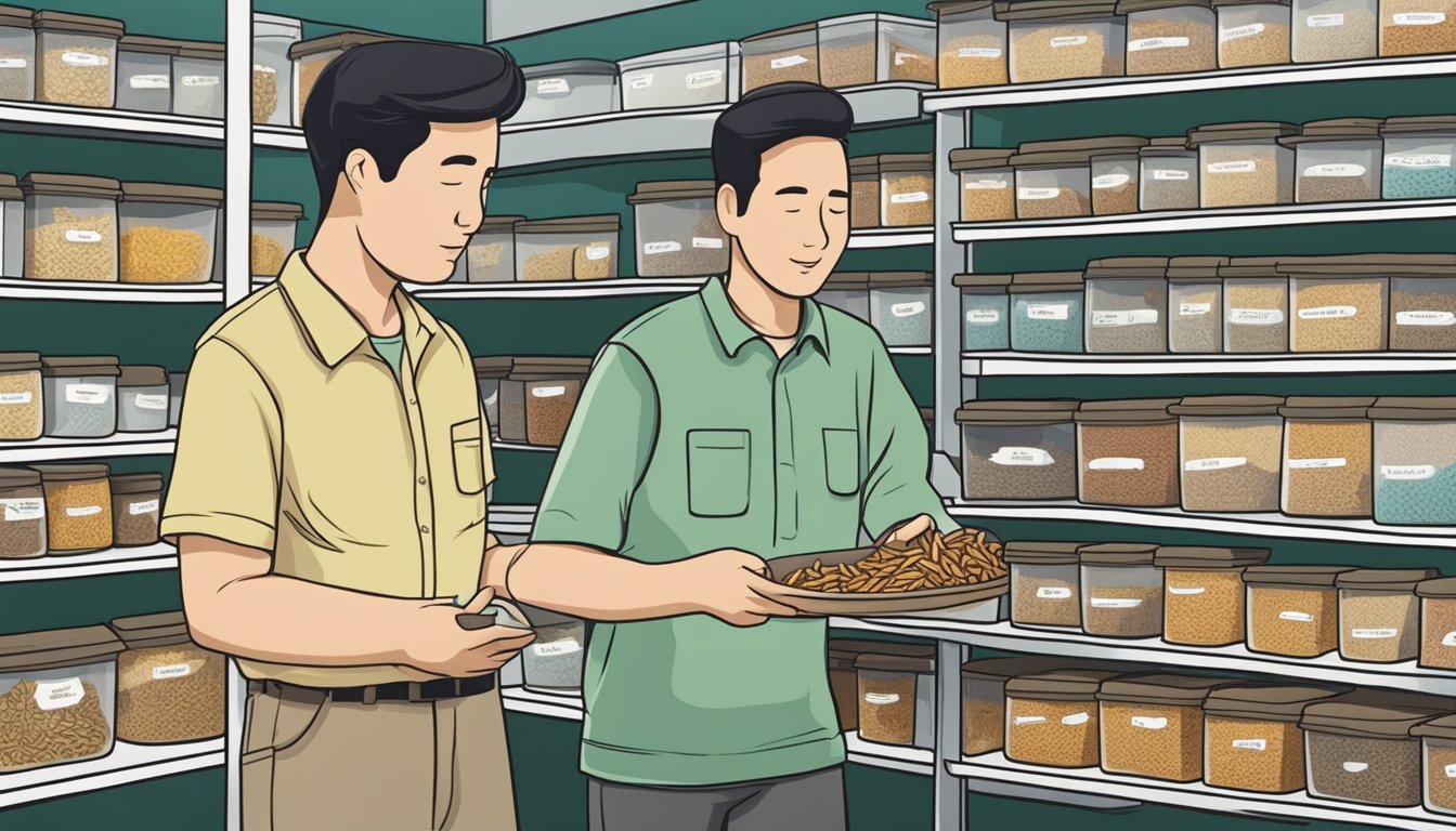 A customer at a pet store in Singapore purchases a container of mealworms from a shelf labeled "Live Feeder Insects."