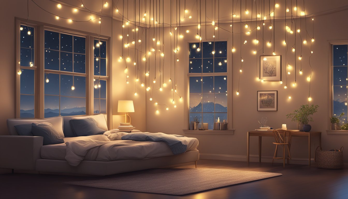 Fairy lights glowing in a dark room, casting a warm and magical ambiance. Strings of twinkling lights hang delicately, creating a soft and enchanting glow