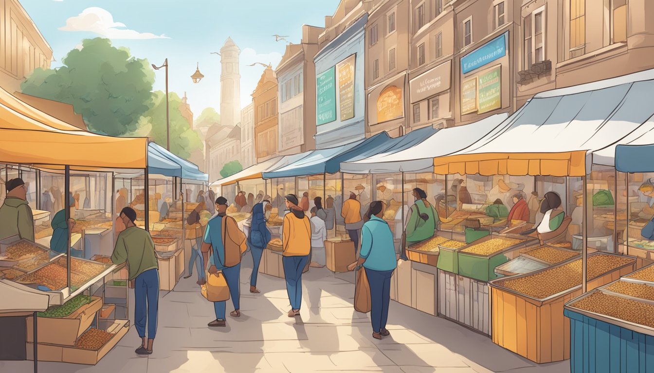 A bustling marketplace with colorful stalls selling mealworms in clear containers. Customers browse and purchase from vendors with signs advertising fresh, high-quality mealworms