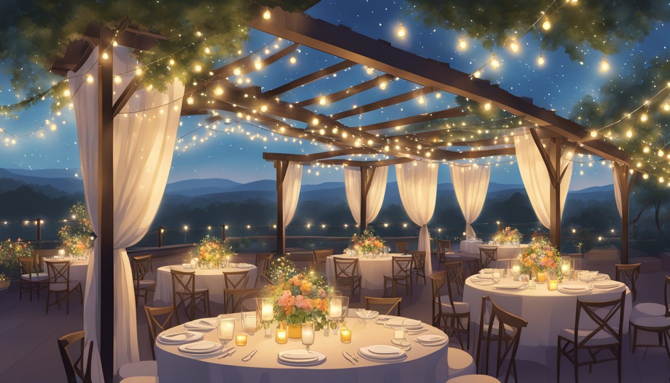 Fairy lights hang from a pergola, casting a warm glow over a backyard party. Tables are adorned with twinkling lights and floral centerpieces, creating a magical atmosphere