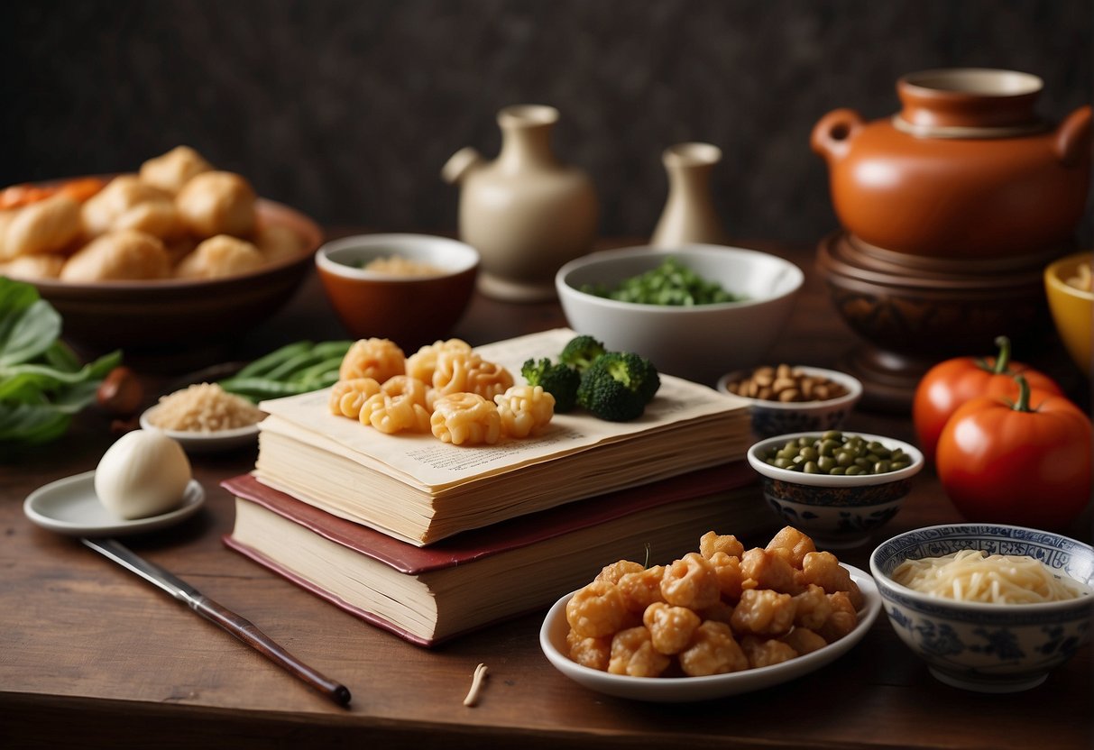 A table with a variety of Chinese food ingredients and cooking utensils, with a stack of recipe books labeled "Frequently Asked Questions new Chinese food recipes"
