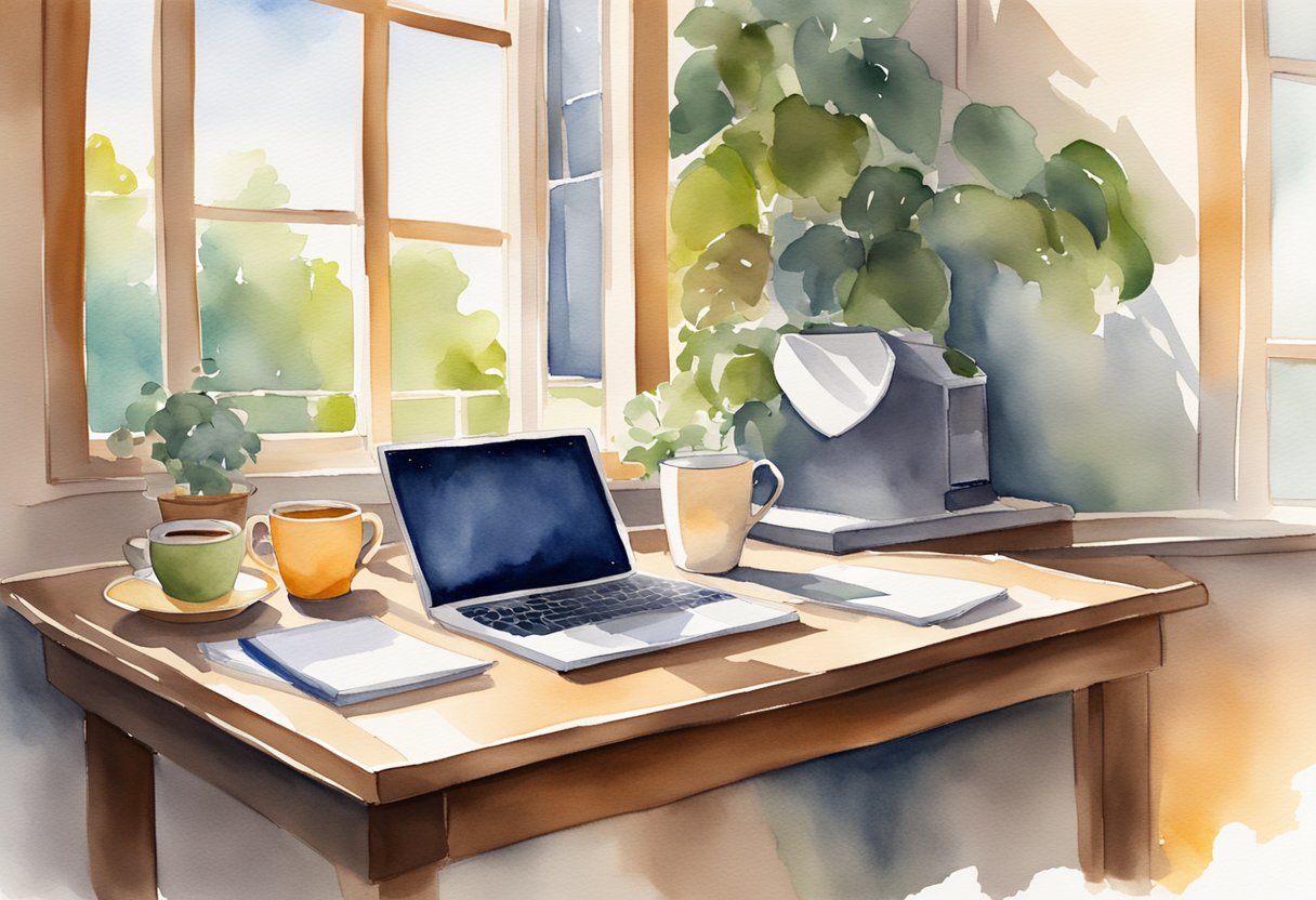 A desk with a computer, notebook, and pen. A cup of coffee sits nearby. Sunlight streams through a window onto the workspace