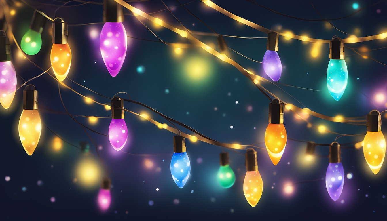 Colorful fairy lights hanging in a dark room, creating a warm and inviting glow. Various sizes and shapes available for purchase online