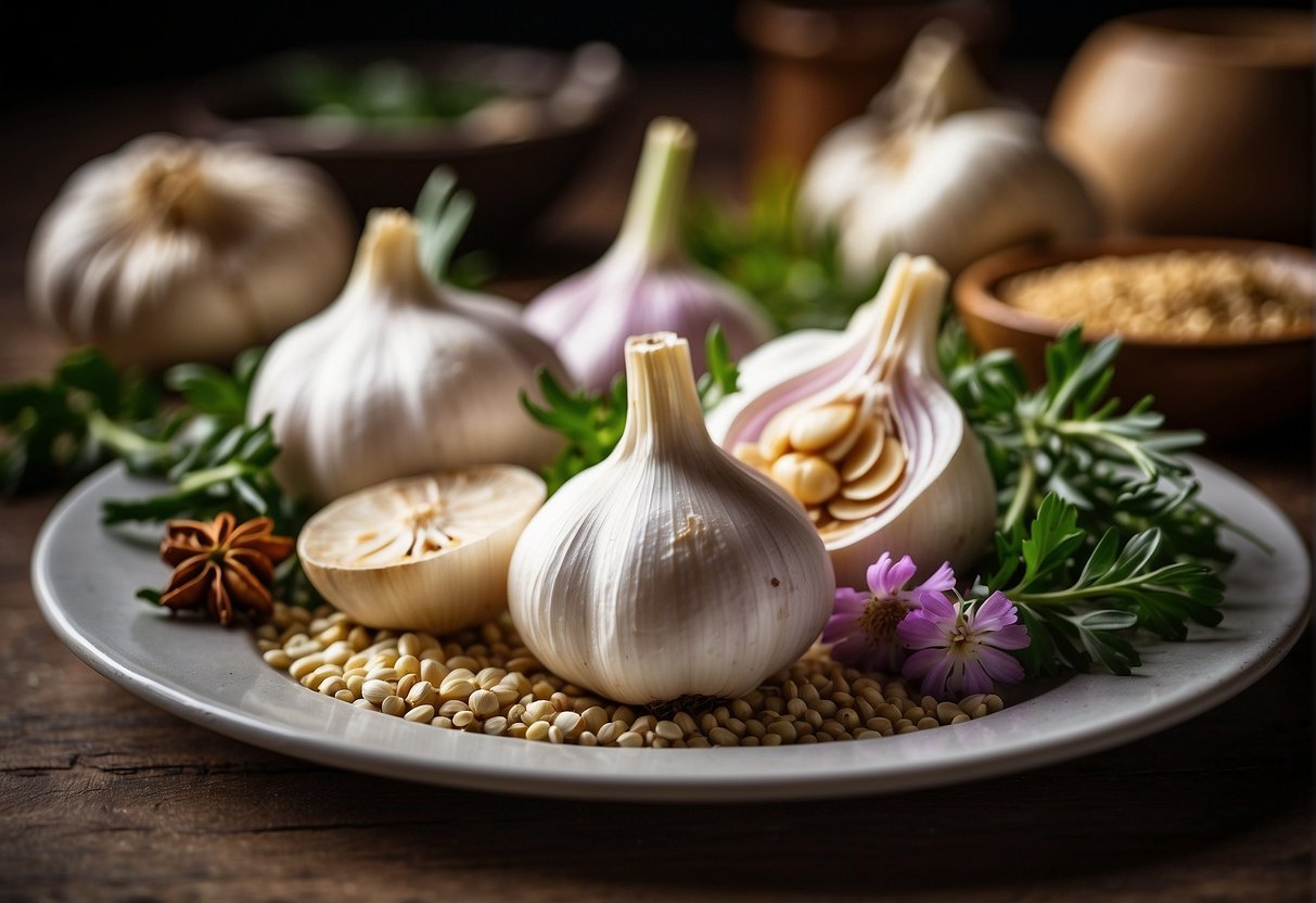 Garlic flowers on a plate, surrounded by fresh herbs and spices