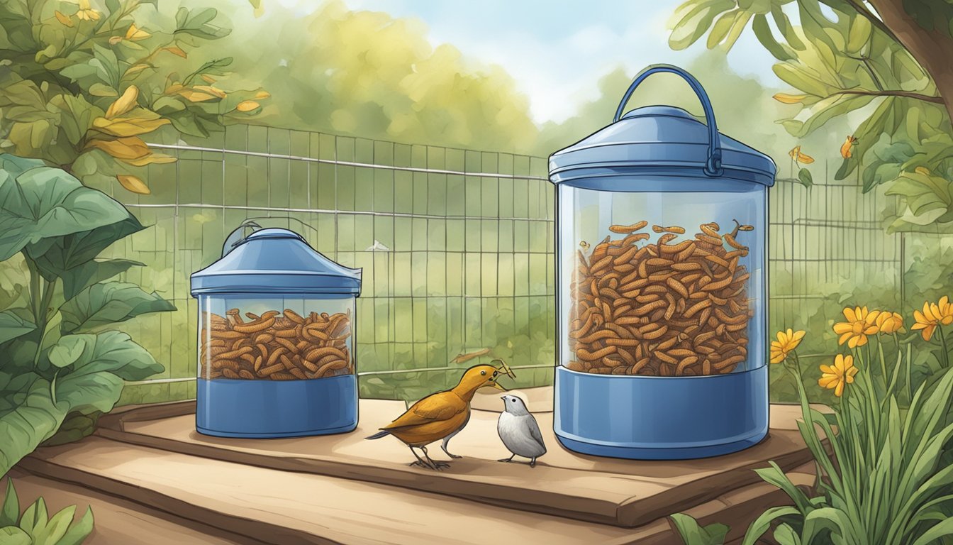 Mealworms crawling in a garden, while pets eagerly eat them. A container of mealworms sits nearby, with a sign saying "Buy Mealworms" in Singapore