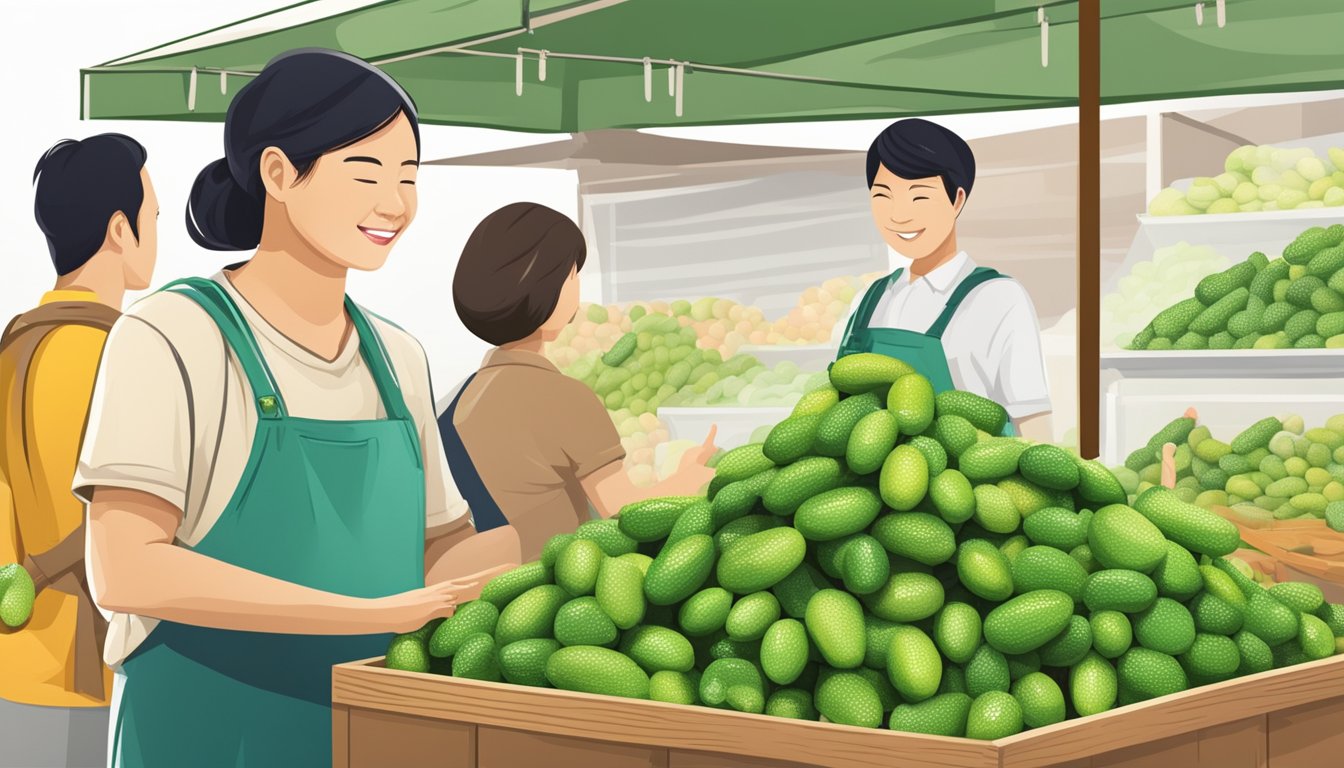 A vibrant market stall displays finger limes in Singapore. Customers inquire and sample the unique citrus fruit