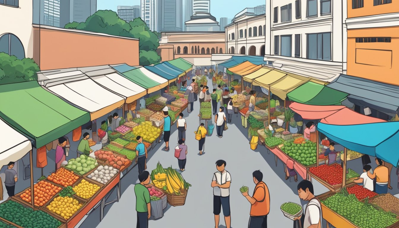 A bustling outdoor market in Singapore, with colorful stalls selling fresh produce. A sign reads "Finger Limes Available Here" in bold letters