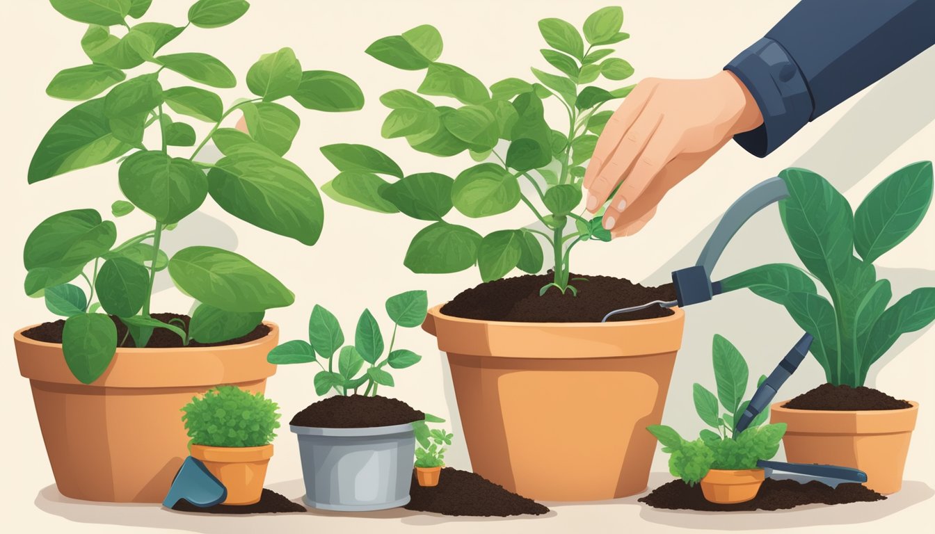 A hand reaching out to carefully plant a finger lime seedling in a pot filled with nutrient-rich soil, surrounded by gardening tools and a watering can
