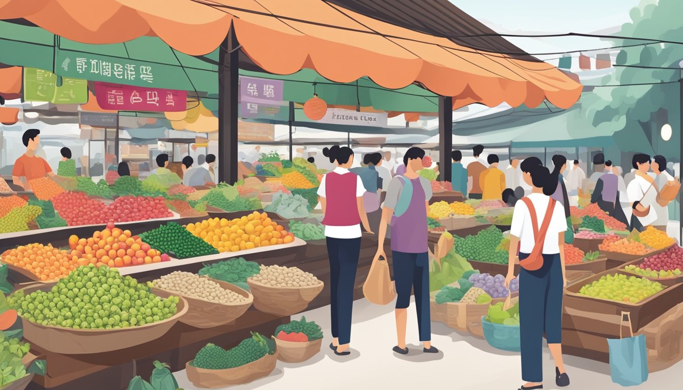 A bustling marketplace with colorful fruit stalls, a sign reading "Frequently Asked Questions finger lime singapore where to buy" prominently displayed