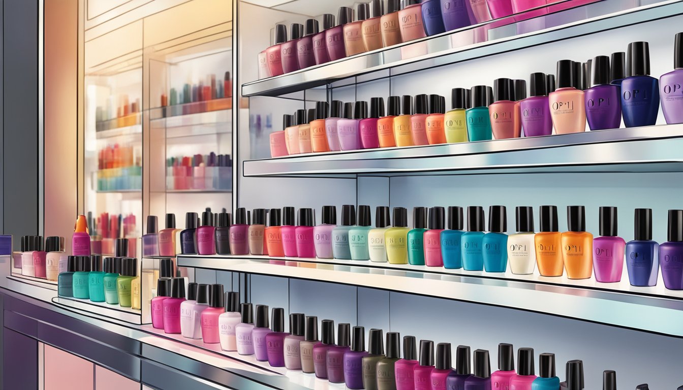 A hand reaching for a colorful array of OPI nail polish bottles, displayed on a sleek, modern shelf in a well-lit beauty store