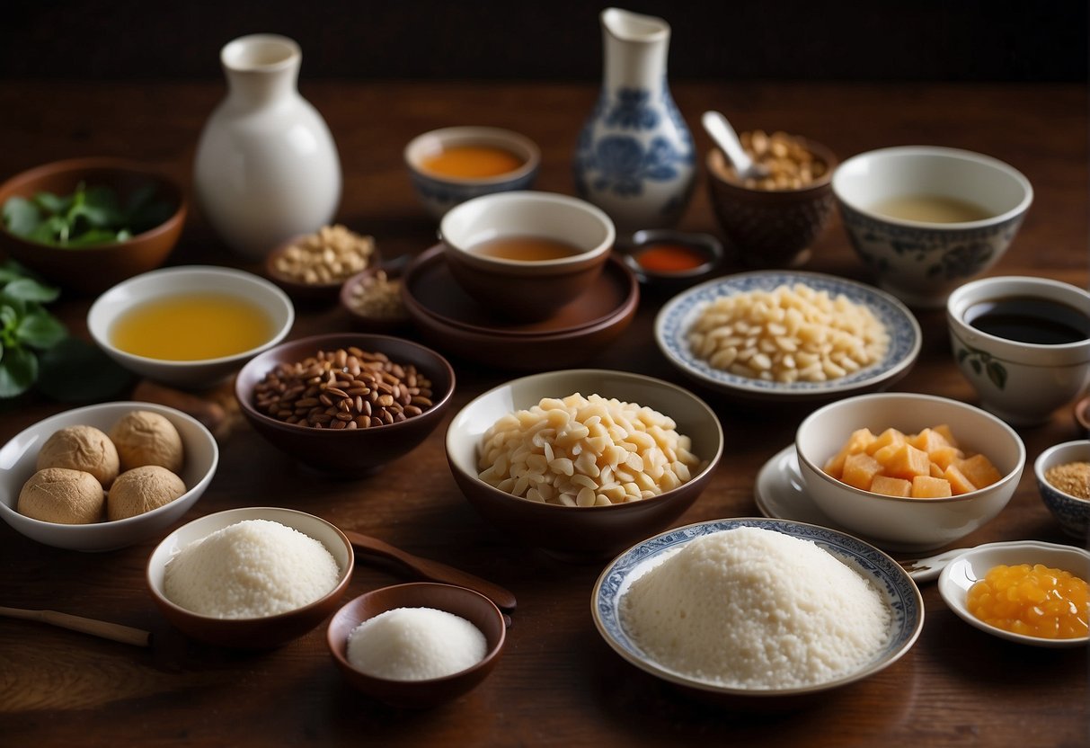 A table set with ingredients and utensils for making nian gao, including glutinous rice flour, sugar, water, and a mixing bowl