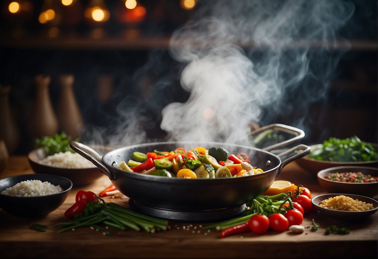 A steaming wok filled with sizzling vegetables and savory sauces, surrounded by colorful ingredients and traditional Chinese spices