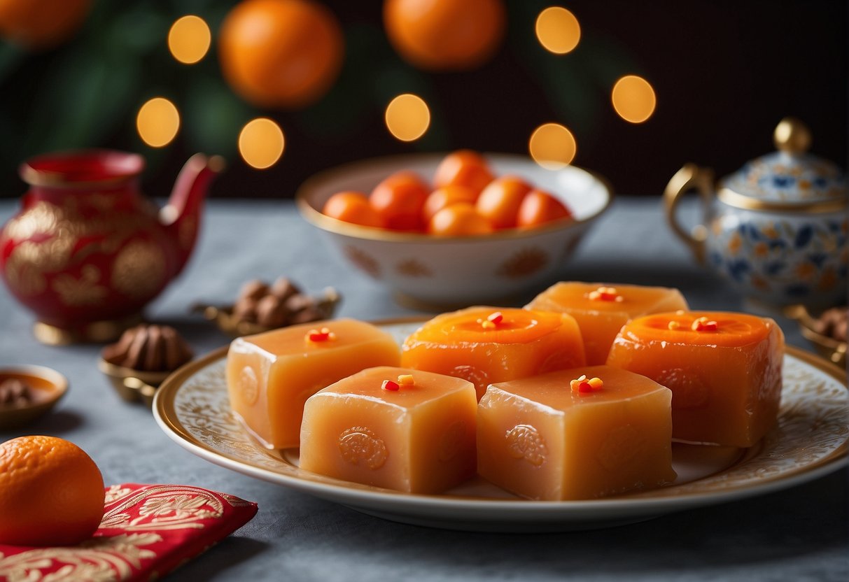 A table adorned with red decorations displays a steaming plate of nian gao, surrounded by mandarin oranges and red envelopes