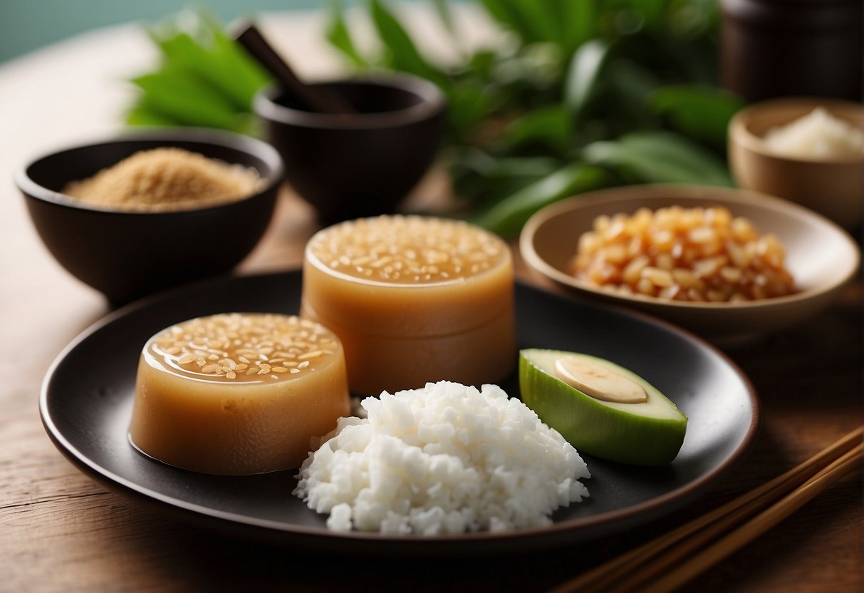 A table set with ingredients for nian gao cake: glutinous rice flour, brown sugar, water, and optional alternatives like coconut milk and pandan leaves