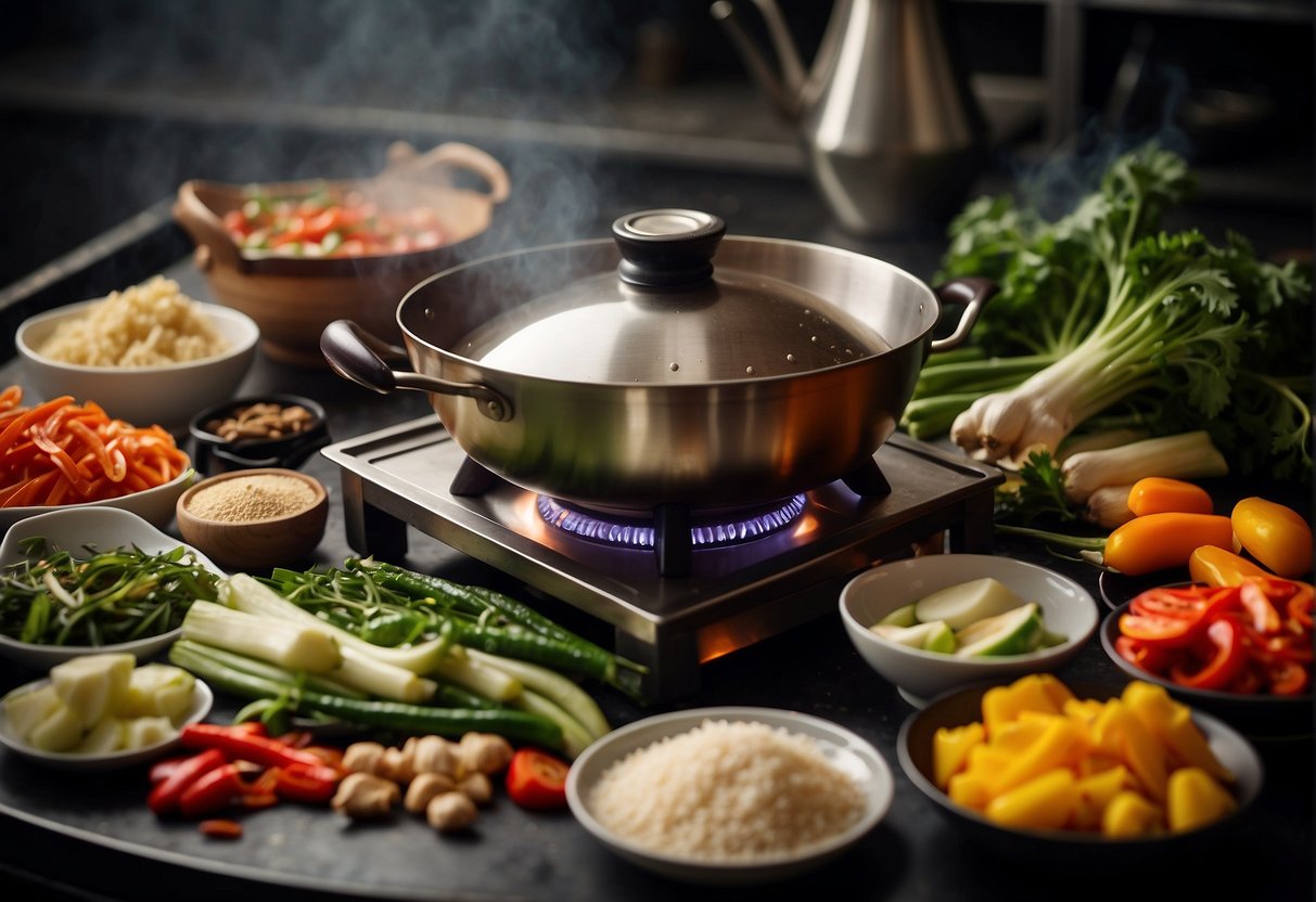 A table set with colorful vegetables, fragrant herbs, and traditional Chinese condiments. A wok sizzles on a stove, filling the air with the aroma of ginger and garlic