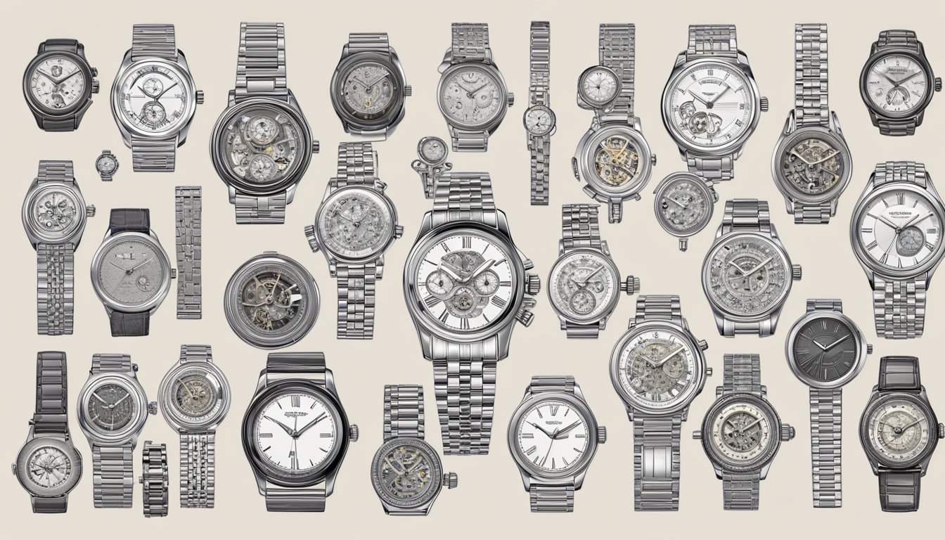 A variety of watch types and movements are displayed on a table, showcasing the intricate details and designs. The watches range from classic mechanical to modern smartwatches, providing a diverse selection for consumers to choose from