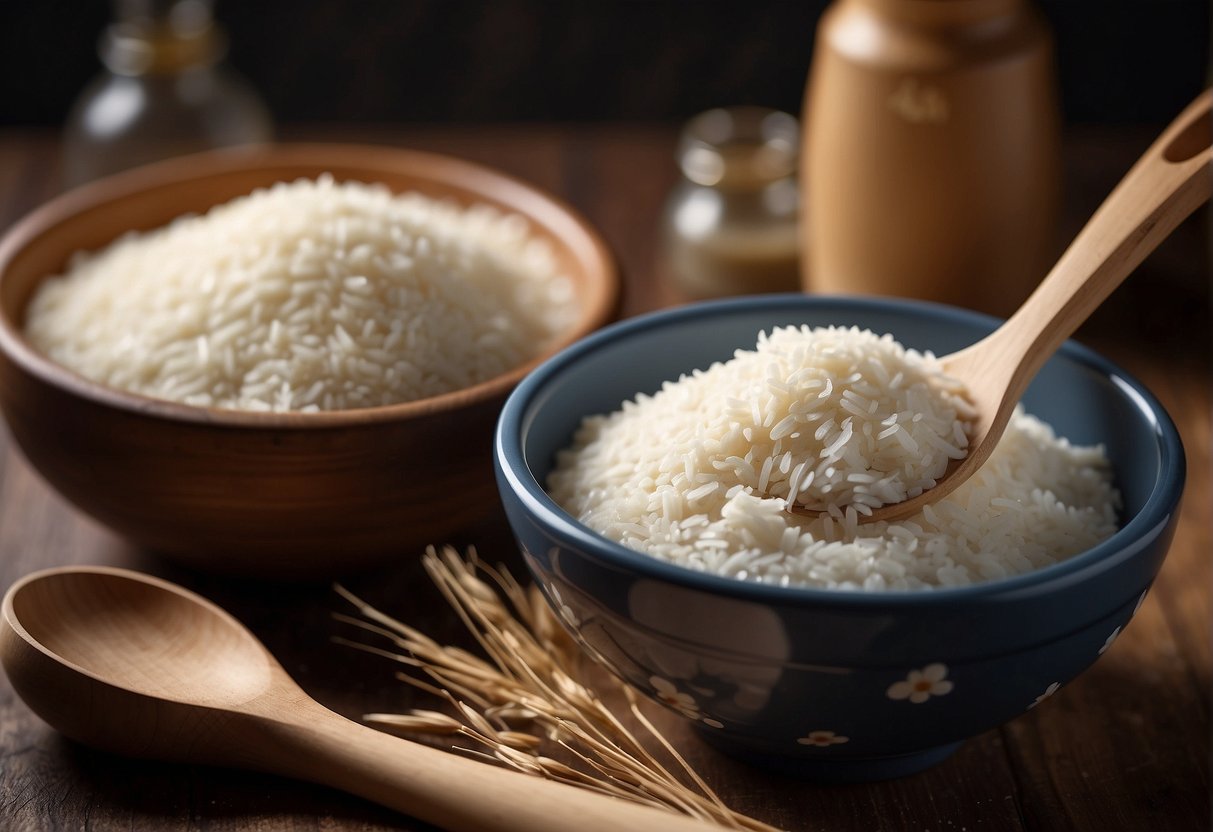 A mixing bowl filled with rice flour, sugar, and water. A wooden spoon stirs the ingredients into a smooth batter