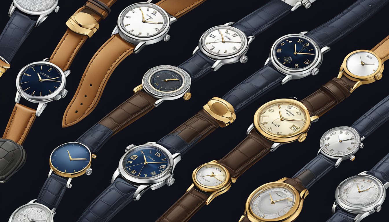 A hand reaching out to choose from an array of elegant watches displayed on a velvet-lined tray. The watches vary in style, from classic to modern, with polished metal and leather straps