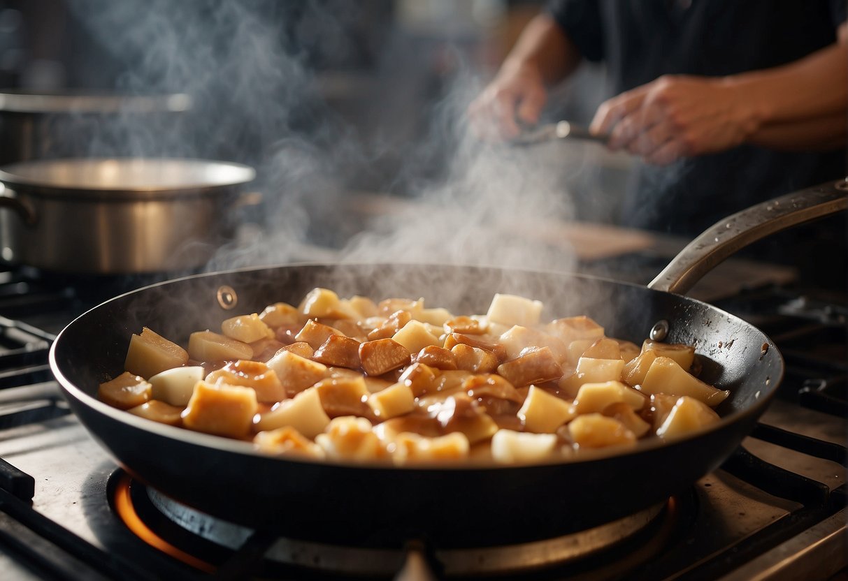 A steaming wok sits on a gas stove, with chunks of nian gao sizzling in hot oil. A spatula hovers over the pan, flipping the cakes to a golden brown