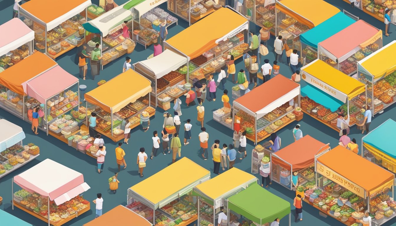A bustling marketplace with colorful stalls selling miniature food in Singapore. Vendors display tiny replicas of local dishes and international cuisine