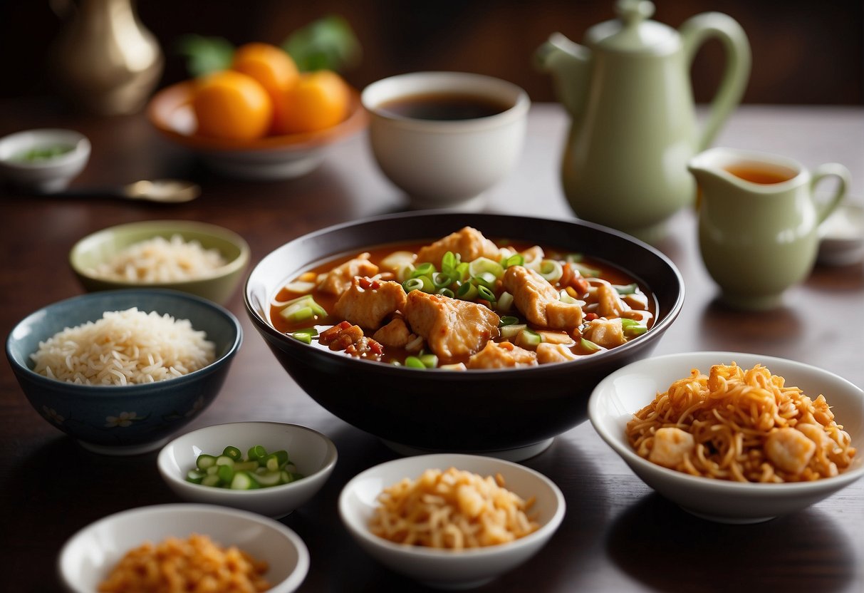 A table set with steaming bowls of hot and sour soup, crispy orange chicken, and fragrant fried rice. Chopsticks and a teapot complete the scene