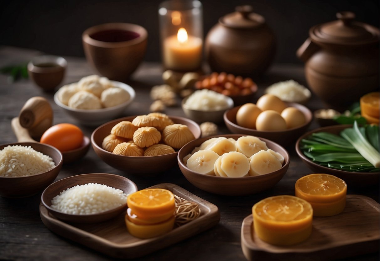 A table is set with ingredients and utensils for making and storing nian gao Chinese New Year cake