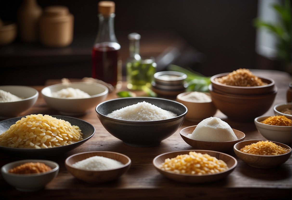 A table with ingredients and utensils for making nian gao cake, including rice flour, sugar, water, and a mixing bowl