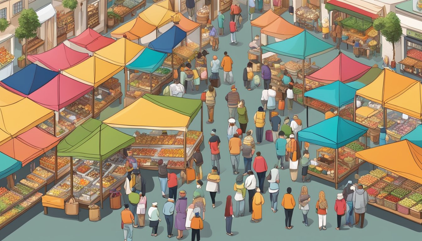 A bustling marketplace with colorful stalls displaying a variety of miniature food items. Customers engage with vendors, learning about the intricate art of creating tiny culinary masterpieces
