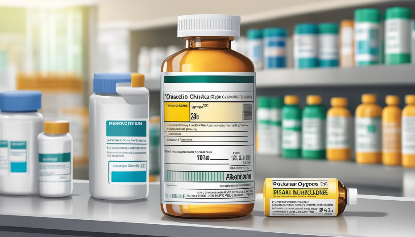 A bottle of oxycodone sits on a pharmacy counter, with a prescription label and warning label attached