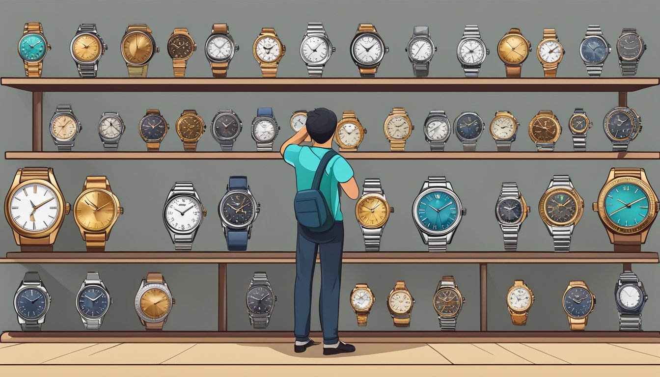 A person browsing through a variety of watches on a display shelf, looking for the best one to buy