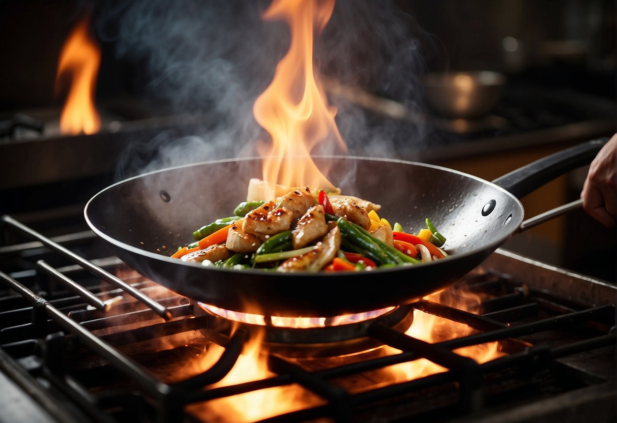 A wok sizzles over a high flame, as vegetables and meat are swiftly tossed and stir-fried. Steam rises from the pan, carrying the fragrant aroma of soy sauce and ginger