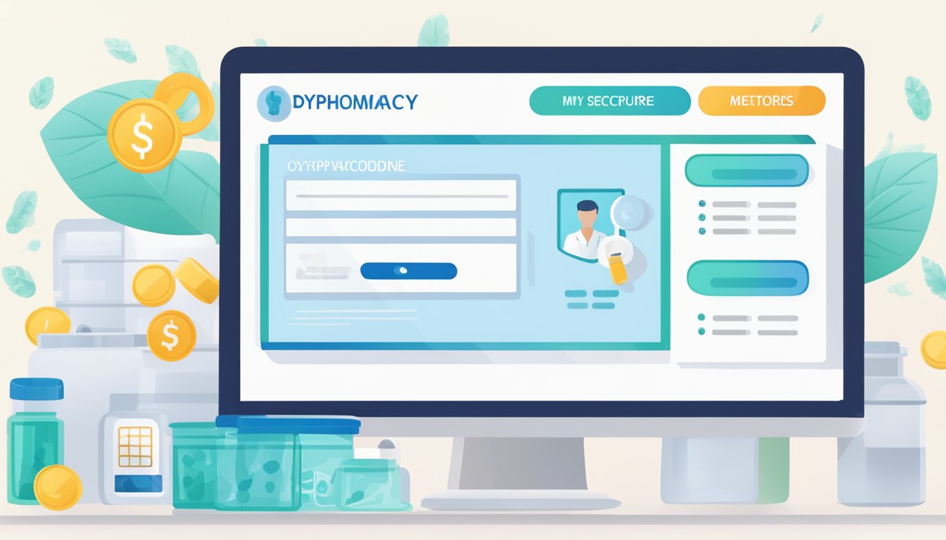 A computer screen displaying a secure online pharmacy website with a clear option to purchase Oxycodone. Safe and secure payment methods are visible