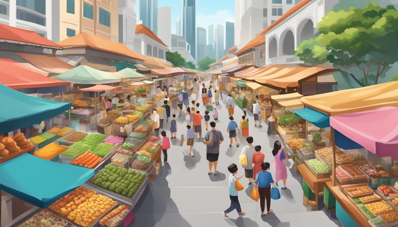 A bustling Singapore marketplace with colorful stalls selling a variety of miniature food items, from tiny fruits and vegetables to tiny pastries and desserts