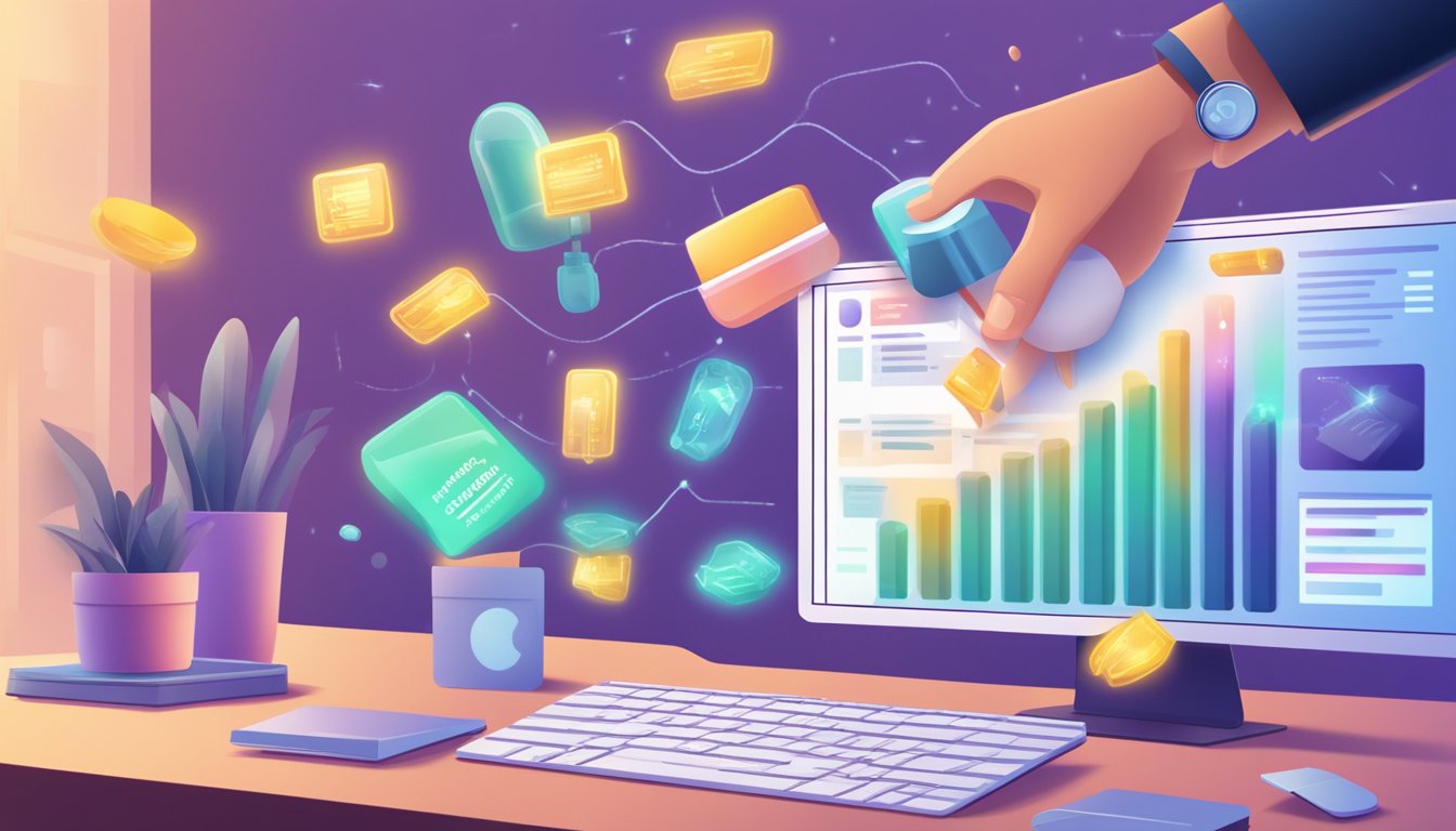 A hand reaches for a bottle of hair fact tablets on a computer screen, surrounded by glowing testimonials and a secure online checkout button