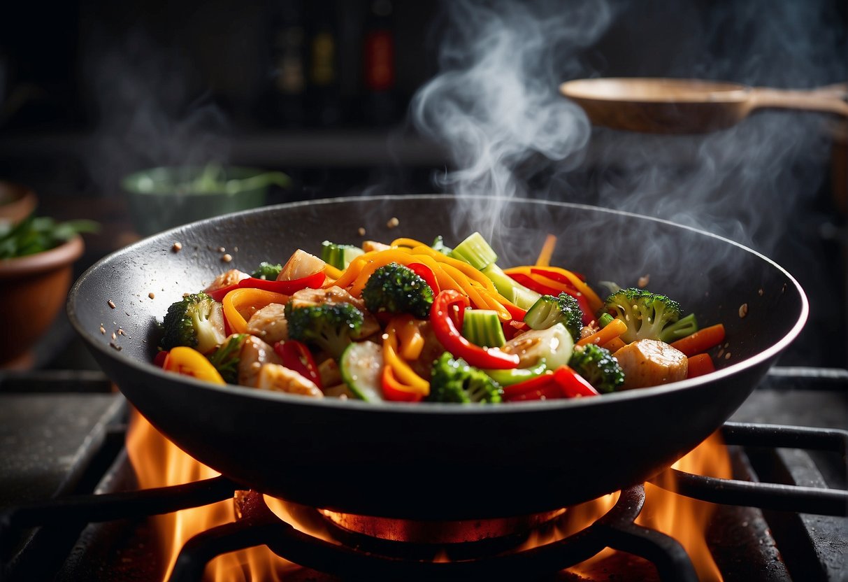 A wok sizzles over a hot flame, filled with colorful stir-fry ingredients. Steam rises as the chef adds a splash of soy sauce, creating a mouthwatering aroma