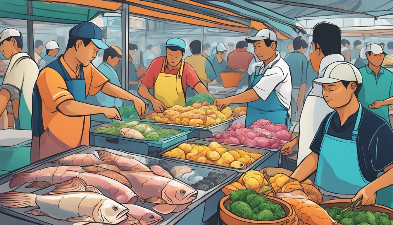 Monkfish for sale at a bustling fish market in Singapore. Brightly colored stalls display fresh catches on ice. Customers and vendors negotiate prices