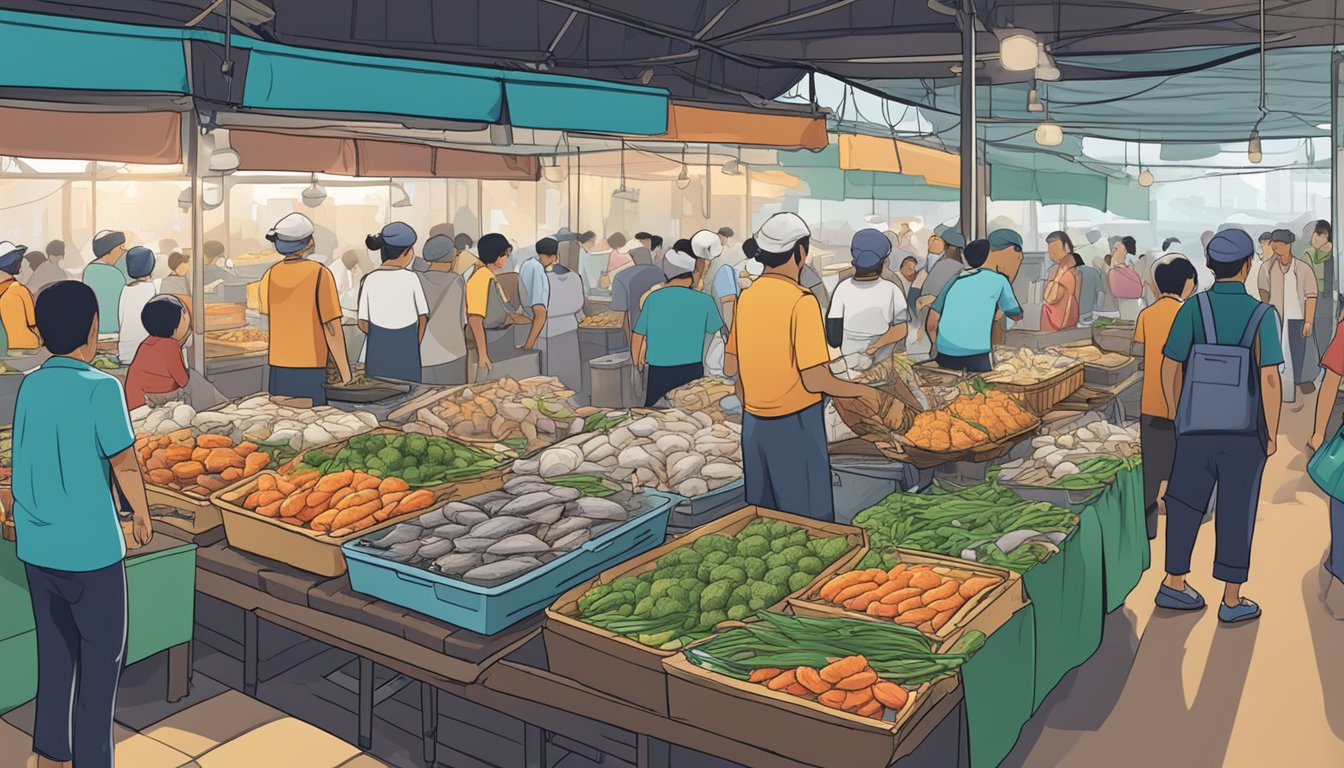 A bustling fish market in Singapore, with colorful stalls and vendors selling fresh monkfish. Customers eagerly asking about purchasing options