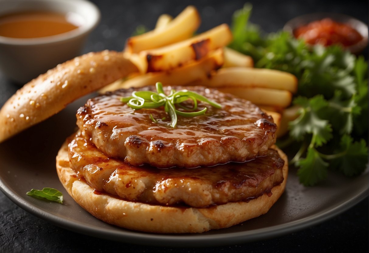 A sizzling pork patty fries in hot oil, emitting a delicious aroma. Ingredients like soy sauce and ginger sit nearby