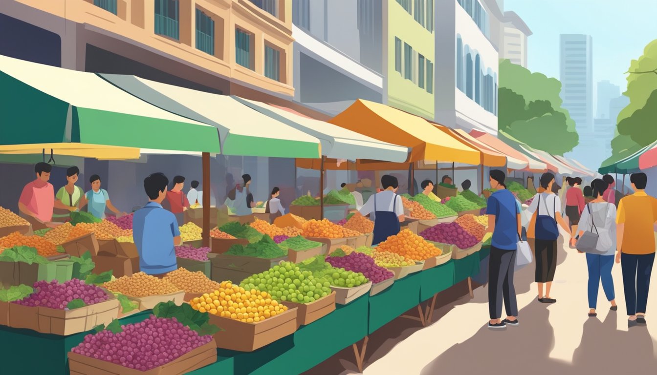 A bustling street market in Singapore, with colorful stalls selling fresh mulberries in baskets. Customers eagerly selecting and purchasing the ripe, juicy fruit