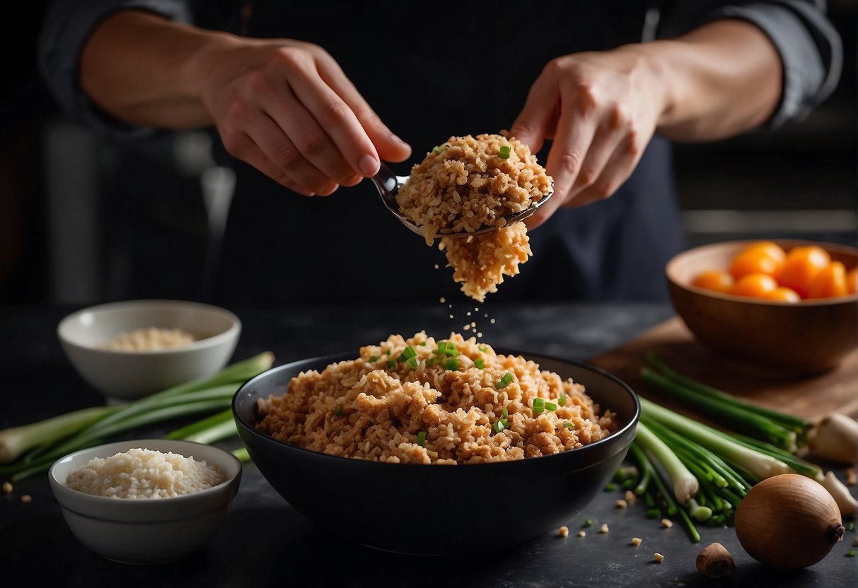 A chef mixes ground pork, soy sauce, ginger, and green onions in a bowl. They form the mixture into patties and coat them in breadcrumbs before frying