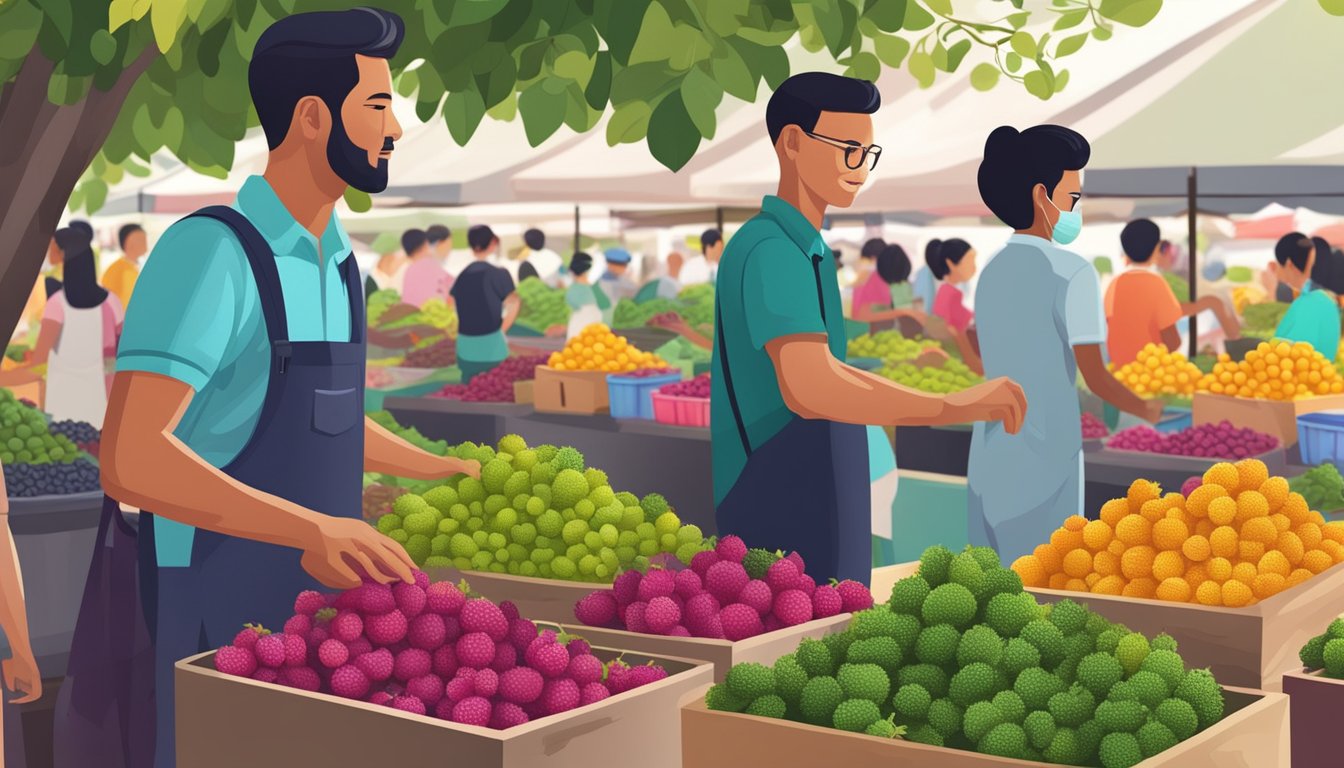 Customers selecting ripe mulberries at a vibrant outdoor market in Singapore