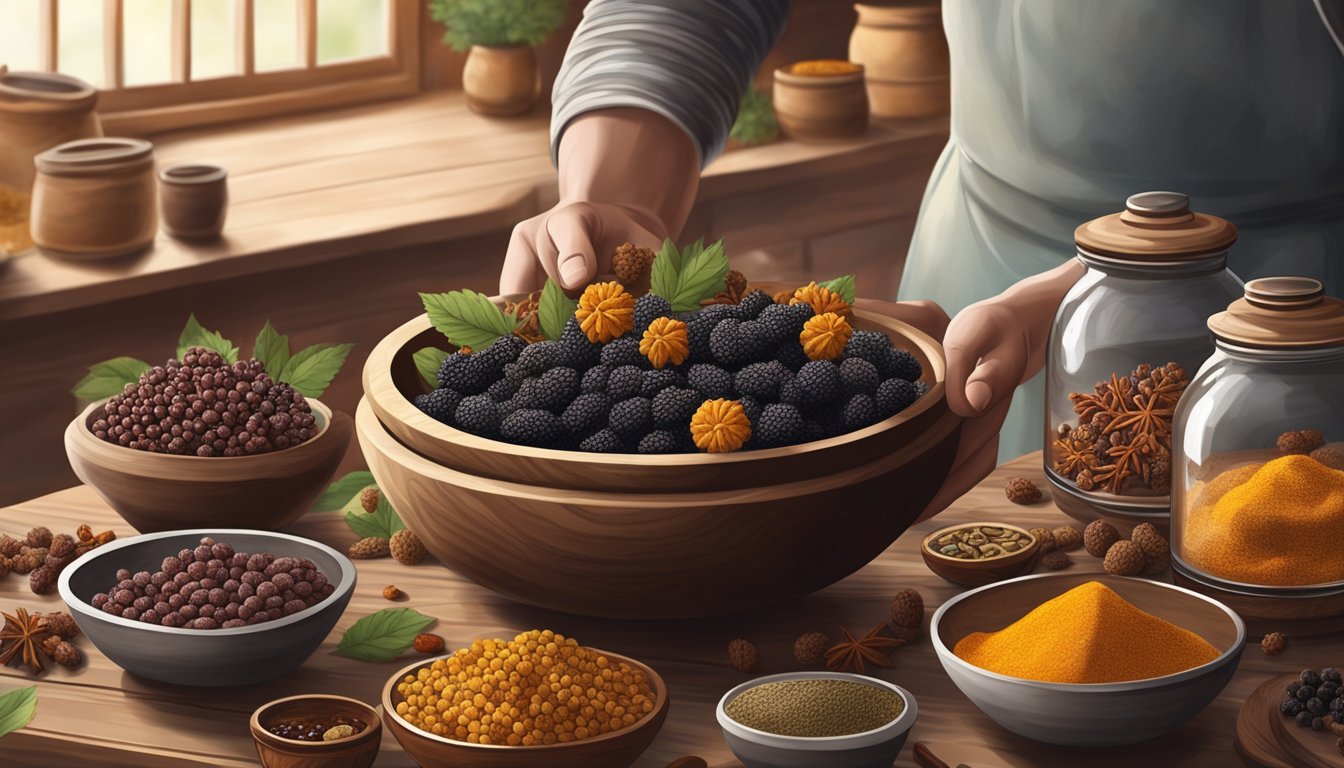 A hand reaches into a wooden bowl filled with dried mulberries, surrounded by jars of various spices and ingredients in a rustic kitchen setting