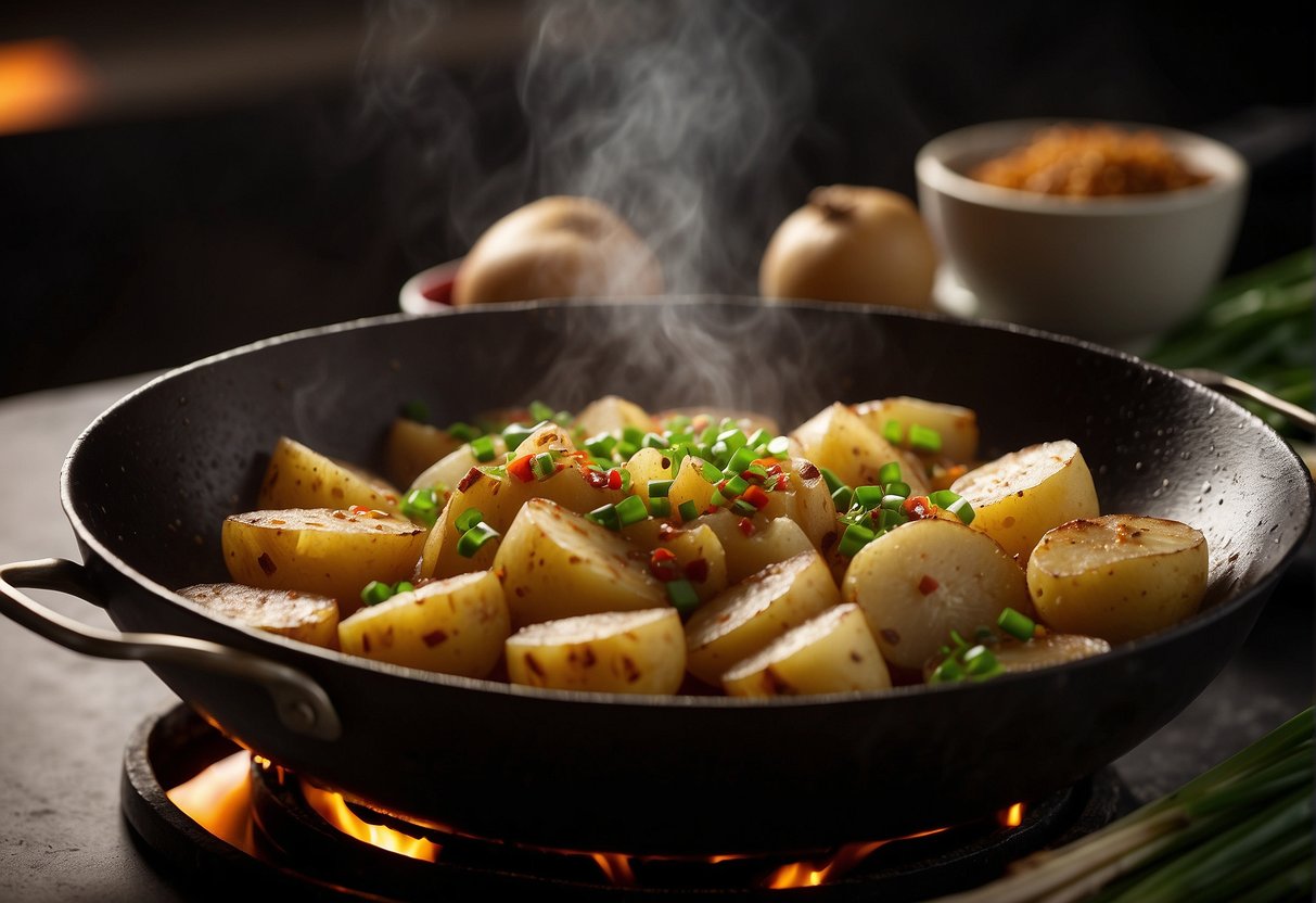 Sizzling potatoes in a wok with garlic, ginger, and chili. Steam rising, golden brown and crispy. Soy sauce and green onions on the side