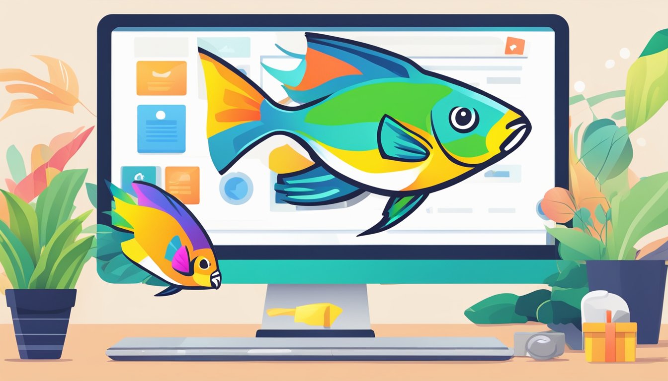 A computer screen showing a website with a colorful parrot fish for sale, a "buy now" button, and a secure checkout process